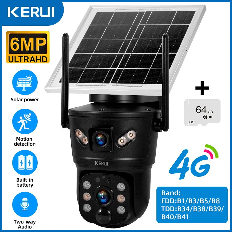 KERUI 6MP WIFI 4G Solar Camera Dual Lens IP Camera Outdoor Waterproof Surveillance CCTV Video Home Security Solar Panel