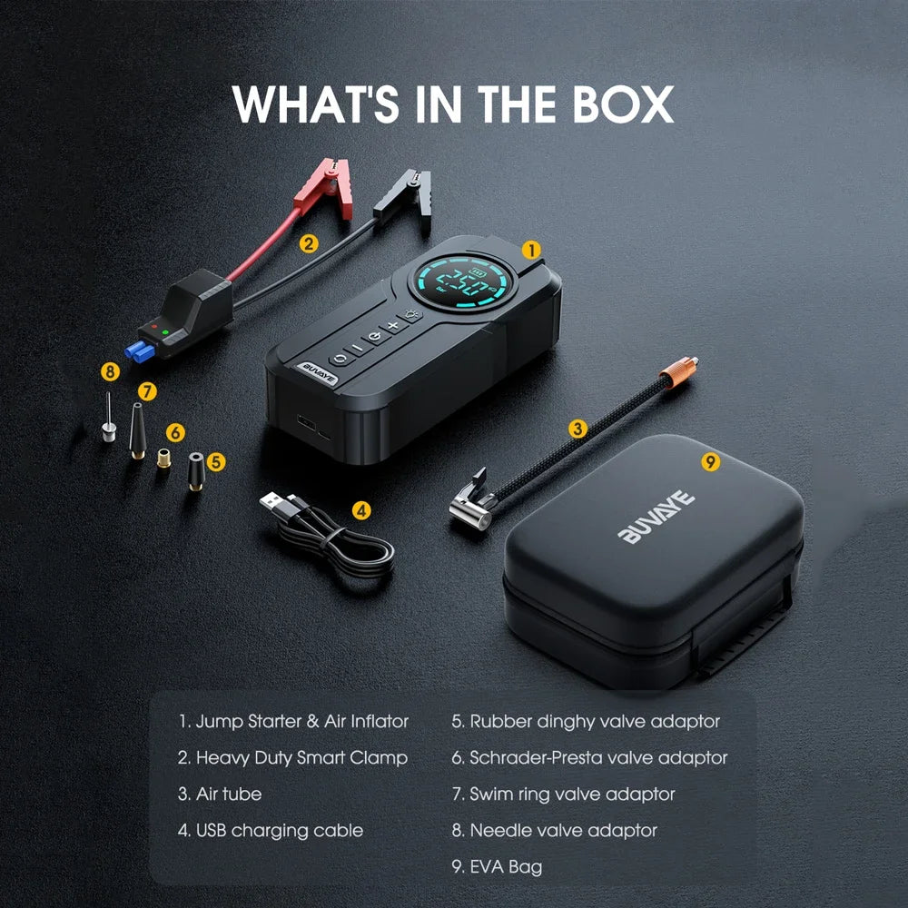 Αυτοκίνητο Jump Starter Αντλία αέρα Power Bank Φωτισμός Φορητός αεροσυμπιεστής 4 σε 1 Αυτοκίνητα Μίζες μπαταρίας Εκκίνηση Auto Tire Inflator
