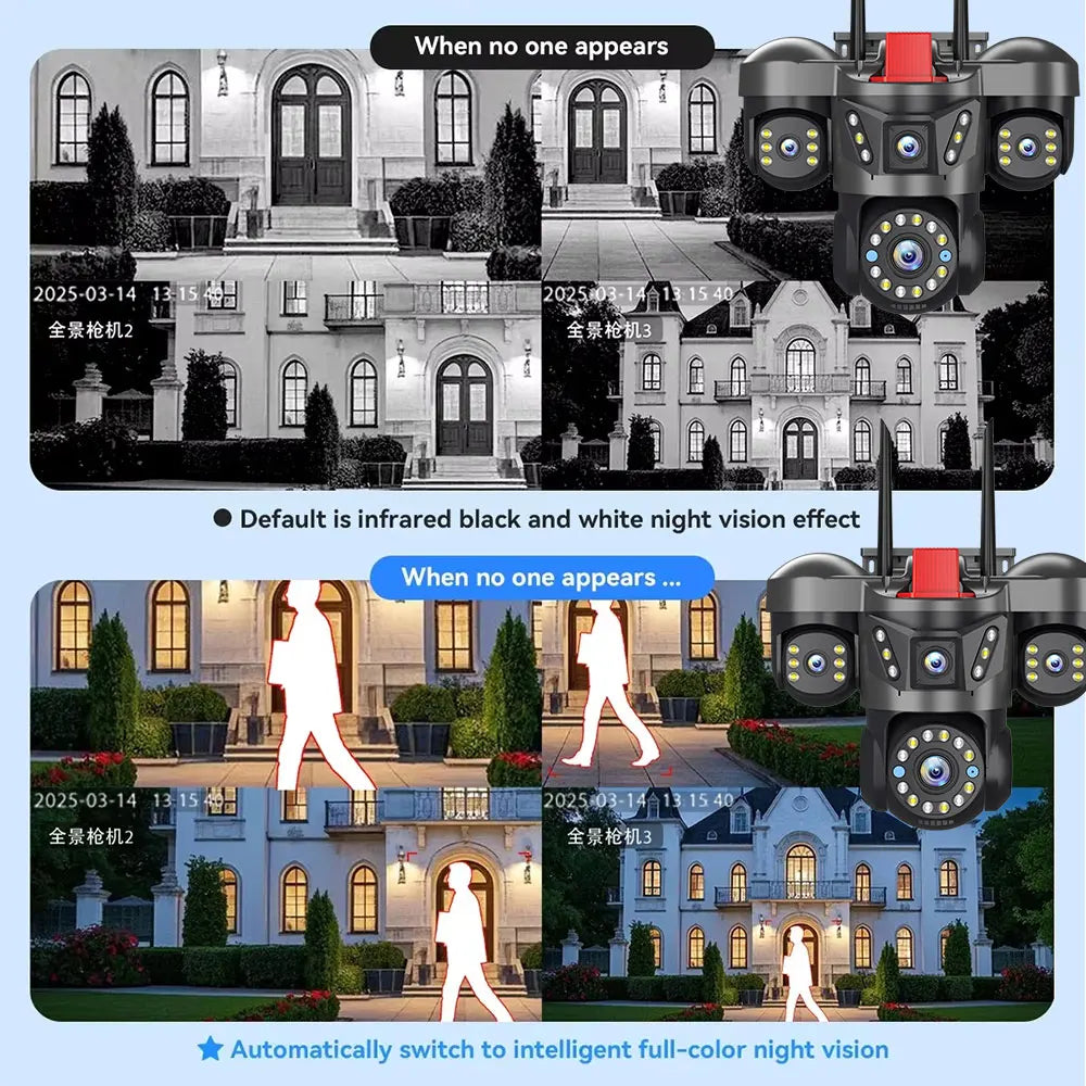 10K 20MP UHD Εξωτερική Κάμερα IP WiFi Τέσσερις Φακοί Τέσσερις Οθόνες 360° 16X Ζουμ Κάμερα Ασφαλείας PTZ Αυτόματη Παρακολούθηση Ασύρματη Παρακολούθηση CCTV