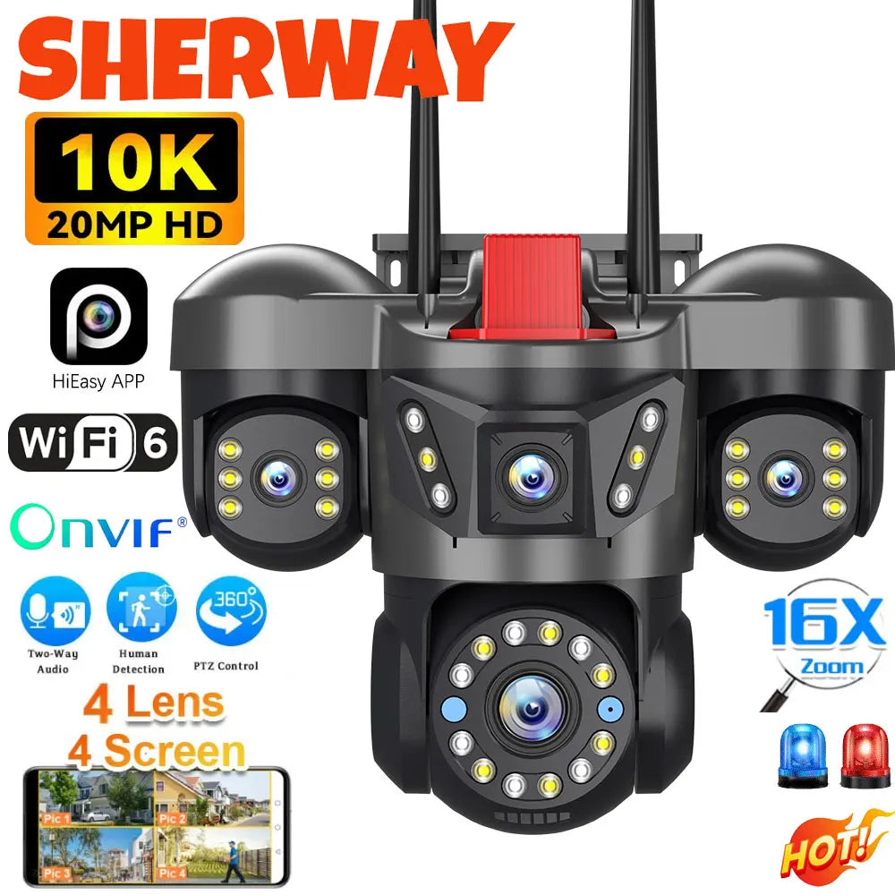 10K 20MP UHD Εξωτερική Κάμερα IP WiFi Τέσσερις Φακοί Τέσσερις Οθόνες 360° 16X Ζουμ Κάμερα Ασφαλείας PTZ Αυτόματη Παρακολούθηση Ασύρματη Παρακολούθηση CCTV