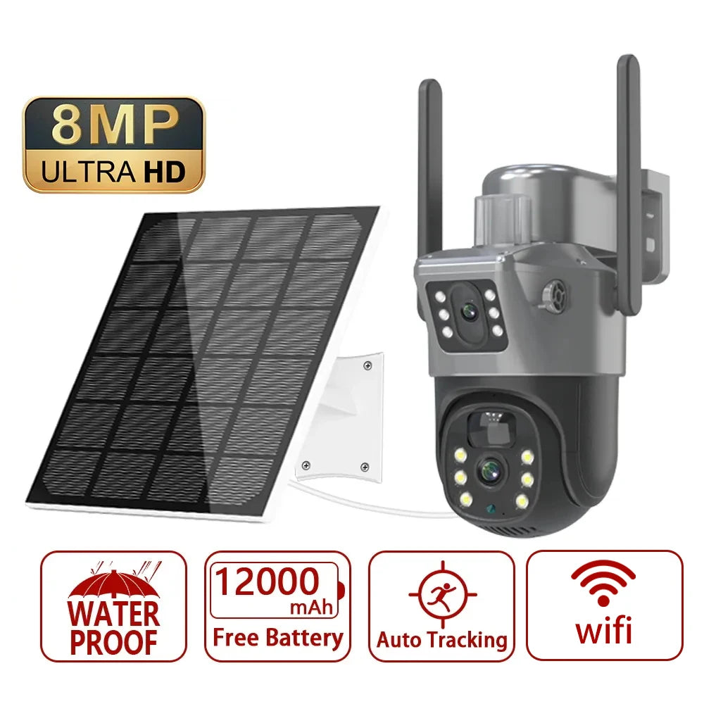 4K 8MP Διπλή Οθόνη Ηλιακή Κάμερα Εξωτερικού Χώρου Ασύρματη WiFi PTZ Διπλού Φακού Προστασίας Ασφαλείας Αυτόματης Παρακολούθησης Κάμερες CCTV