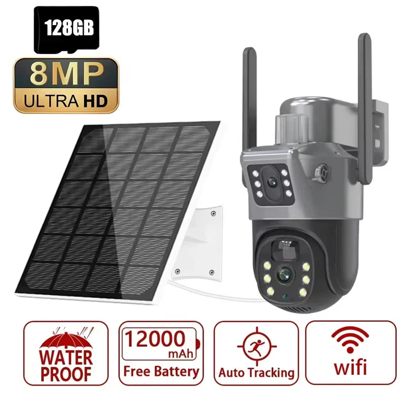 4K 8MP Διπλή Οθόνη Ηλιακή Κάμερα Εξωτερικού Χώρου Ασύρματη WiFi PTZ Διπλού Φακού Ασφαλείας Αυτόματη Παρακολούθηση Κάμερες CCTV