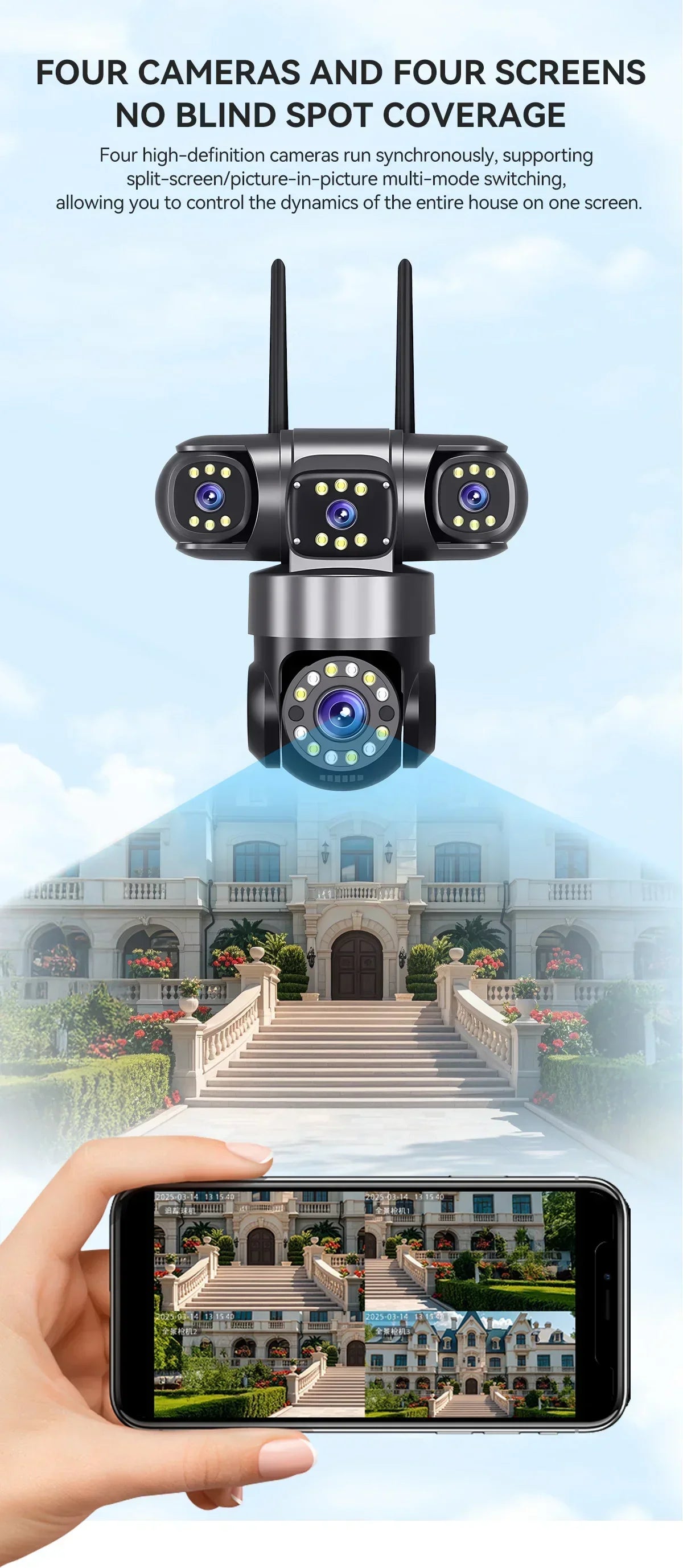 10K 20MP Home Security Outdoor WiFi Camera 4 Lens 4 Screen 360° 16X Zoom CCTV Wireless Surveillance PTZ Cam Security Protection