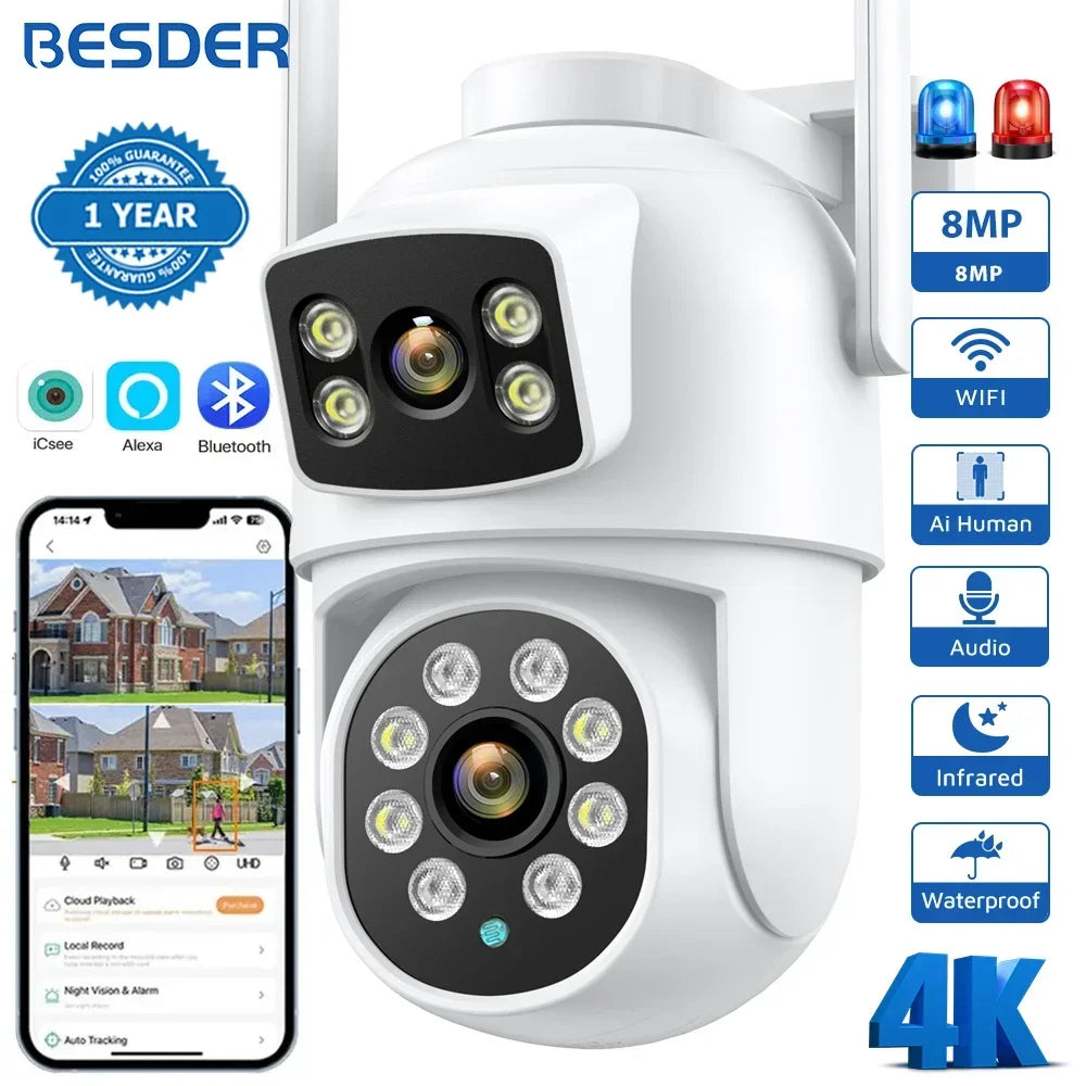 BESDER 4K 8MP Κάμερα Wifi PTZ Εξωτερικού Χώρου Διπλές Οθόνες Ανίχνευση Ανθρώπου Διπλοί Φακοί 4MP Κάμερα Ασφαλείας IP Ήχος Εφαρμογή iCSee