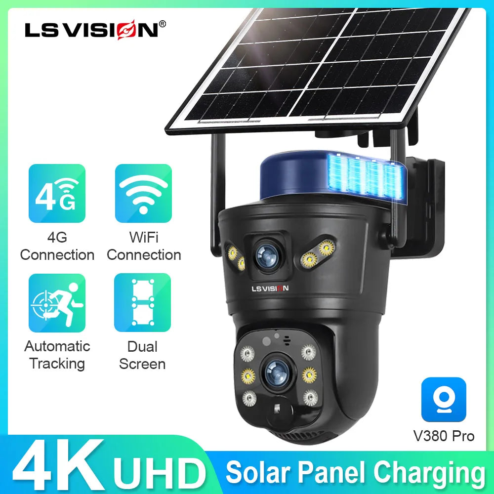 LS VISION 4G / WIFI Εξωτερική Ηλιακή Κάμερα 8MP Διπλού Φακού PIR Ενσωματωμένη Κάρτα SIM Νυχτερινή Όραση Αδιάβροχη Κάμερα Ασφαλείας Μπαταρία CCTV