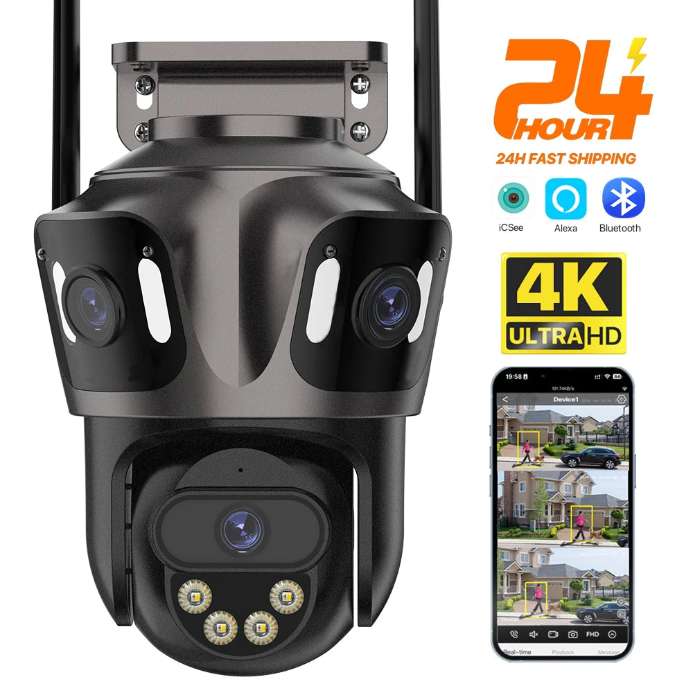 Τριπλής Οθόνης Κάμερα IP WIFI Εξωτερικού Χώρου 4K Διπλού Φακού PTZ Κάμερα Ανίχνευσης Ανθρώπου AI Αδιάβροχη IP66 Κάμερα Ασφαλείας CCTV ICsee