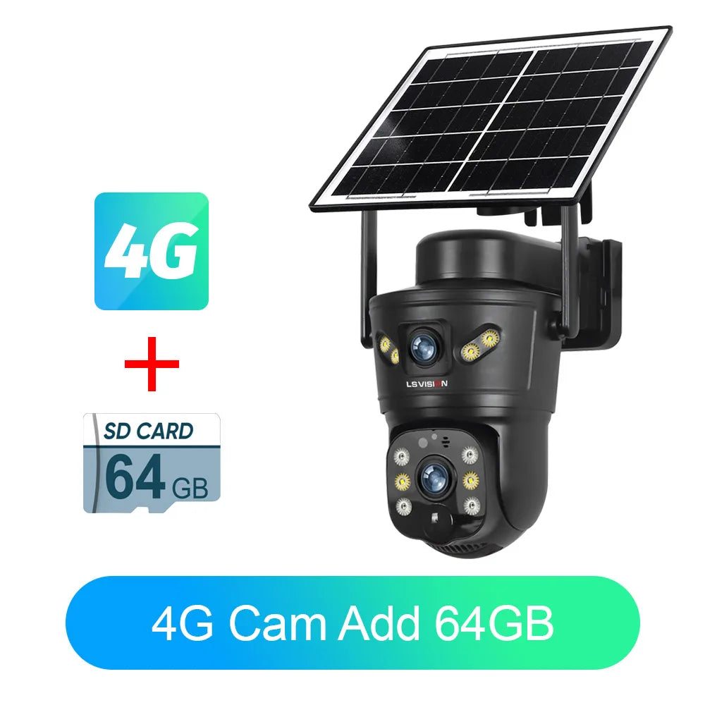 LS VISION 4G / WIFI Εξωτερική Ηλιακή Κάμερα 8MP Διπλού Φακού PIR Ενσωματωμένη Κάρτα SIM Νυχτερινή Όραση Αδιάβροχη Κάμερα Ασφαλείας Μπαταρία CCTV