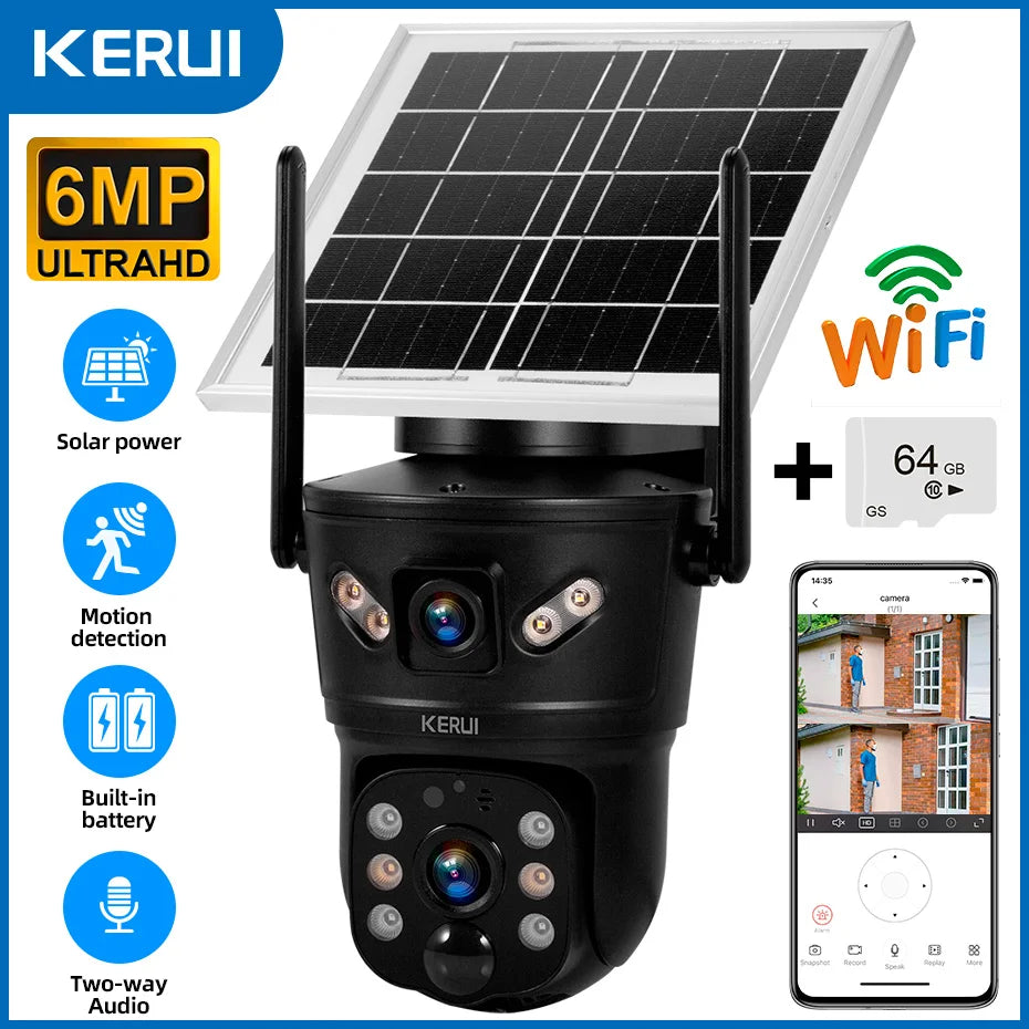 KERUI 6MP WIFI 4G Solar Camera Dual Lens IP Camera Outdoor Waterproof  Surveillance CCTV Video Home Security Solar Panel