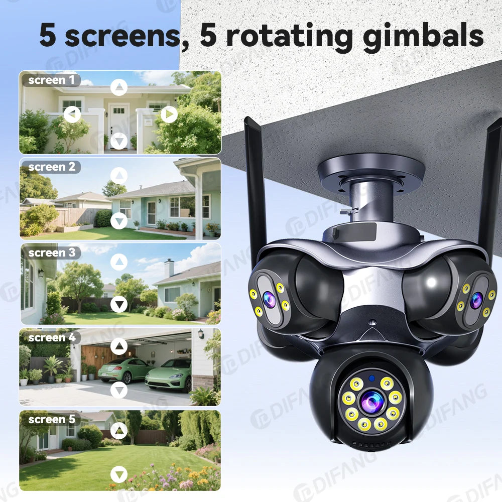 25MP Five Screen WiFi Camera Five Lens CCTV IP Cam 10K 20MP Security IP Camera Video Surveillance 720° PTZ Home Security Cam