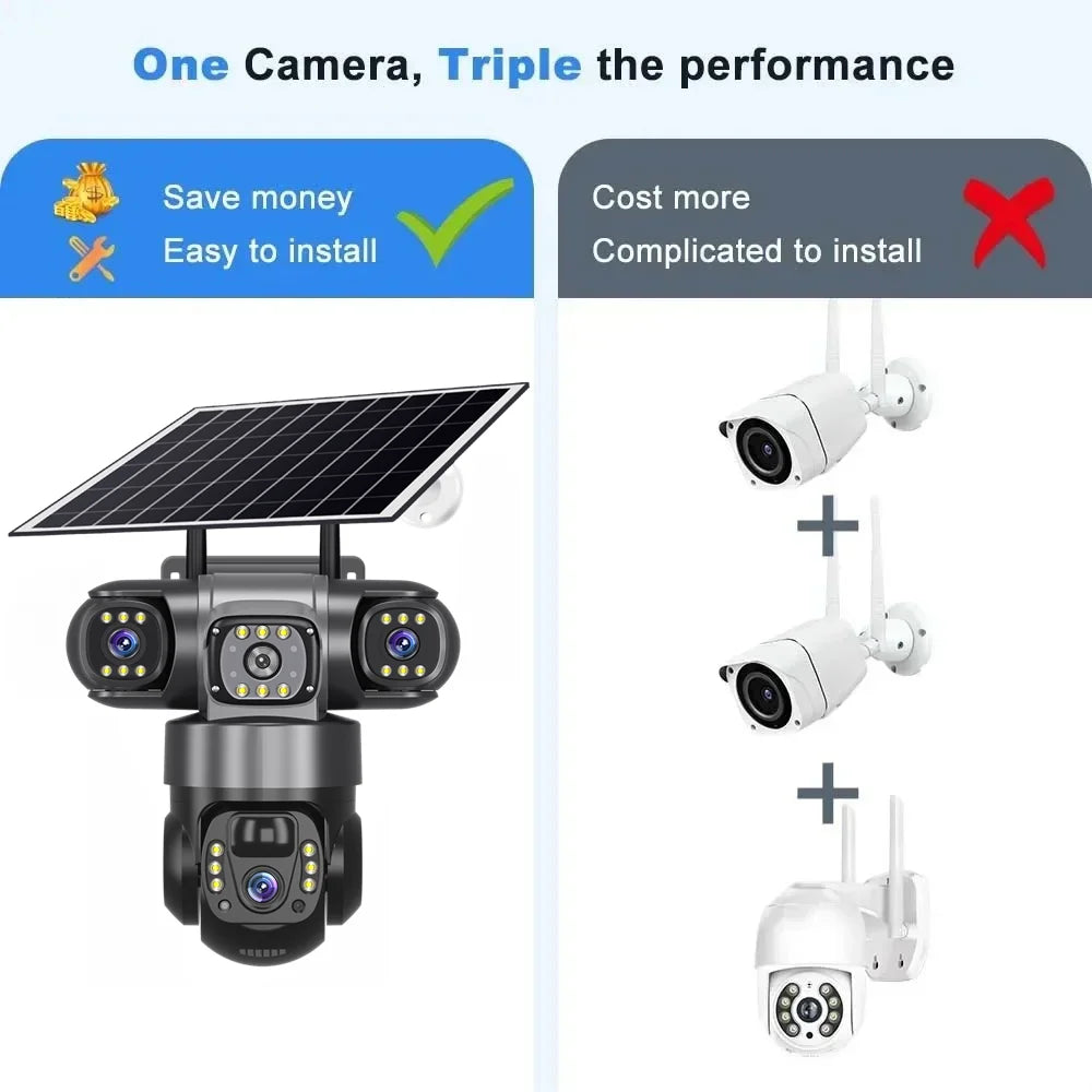 Wifi Solar Camera Outdoor 3 Lens Three Screens Solar IP Webcam PIR Human Detect CCTV Security Video Battery PTZ IP Camera