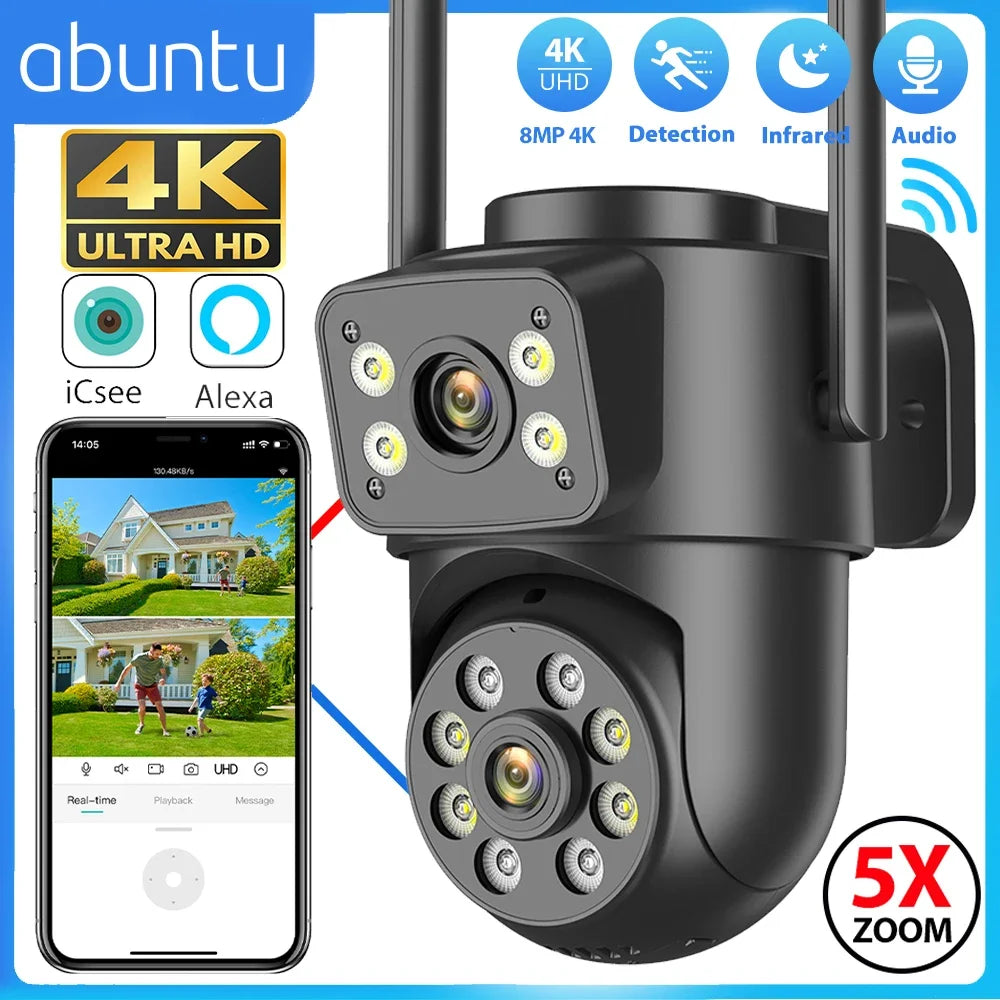8MP 4K Wifi IP Camera Dual Lens Dual Screens Outdoor Surveillance Camera Black Human Detection Night Vision ICSEE Security CAM