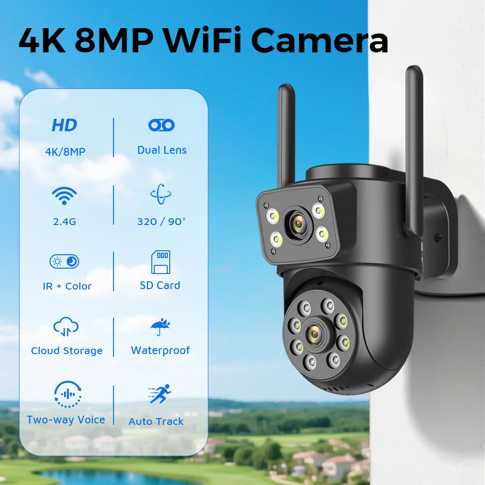 8MP 4K Wifi IP Camera Dual Lens Dual Screens Outdoor Surveillance Camera Black Human Detection Night Vision ICSEE Security CAM