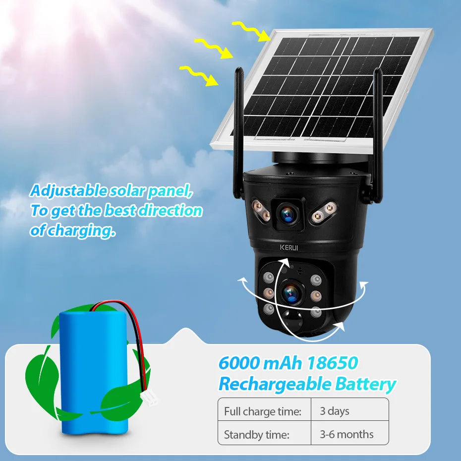 KERUI 6MP WIFI 4G Solar Camera Dual Lens IP Camera Outdoor Waterproof  Surveillance CCTV Video Home Security Solar Panel