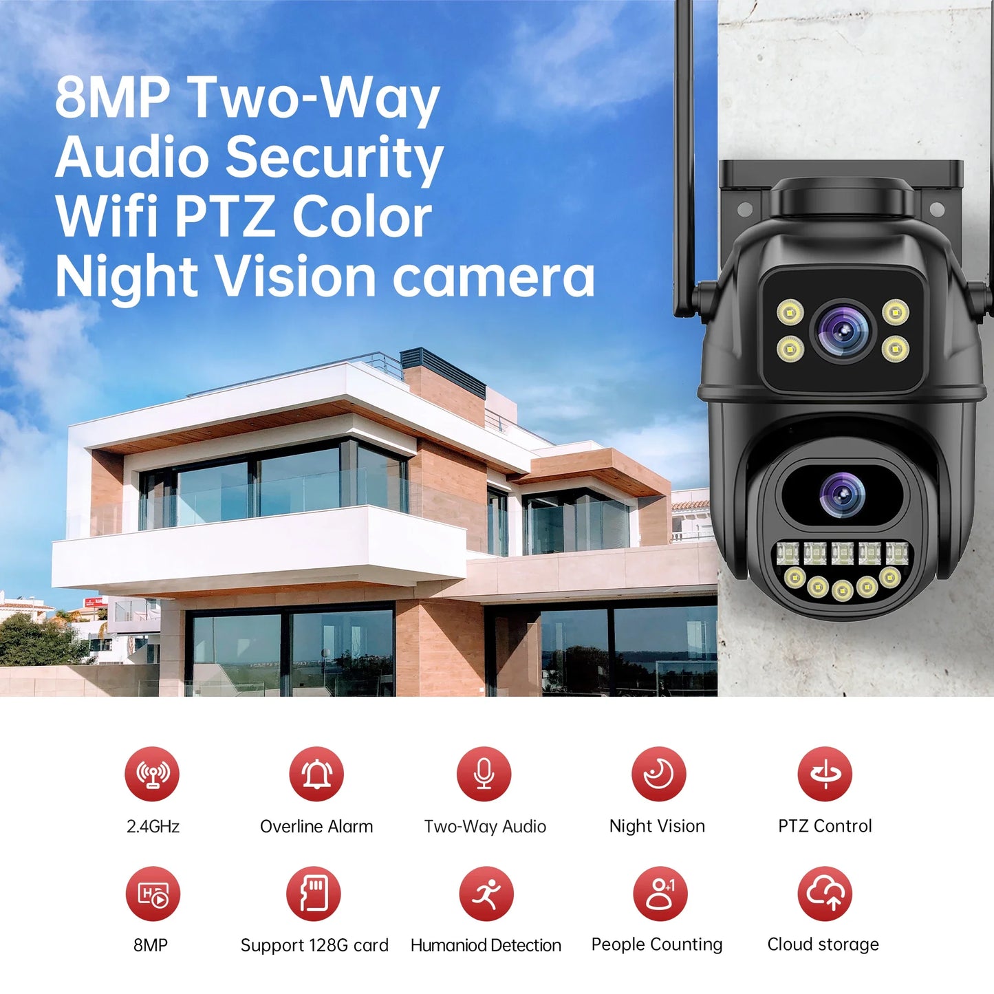 4K 8MP WiFi Surveillance Camera,AI Human Detect, Dual Lens, 4X Digital Zoom,  Outdoor Security PTZ IP Cameras