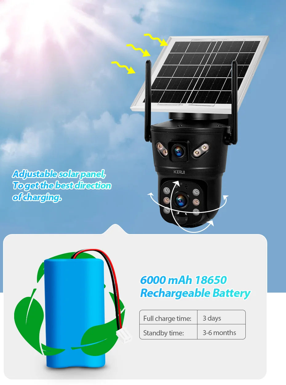 KERUI 6MP WIFI 4G Solar Camera Dual Lens IP Camera Outdoor Waterproof  Surveillance CCTV Video Home Security Solar Panel