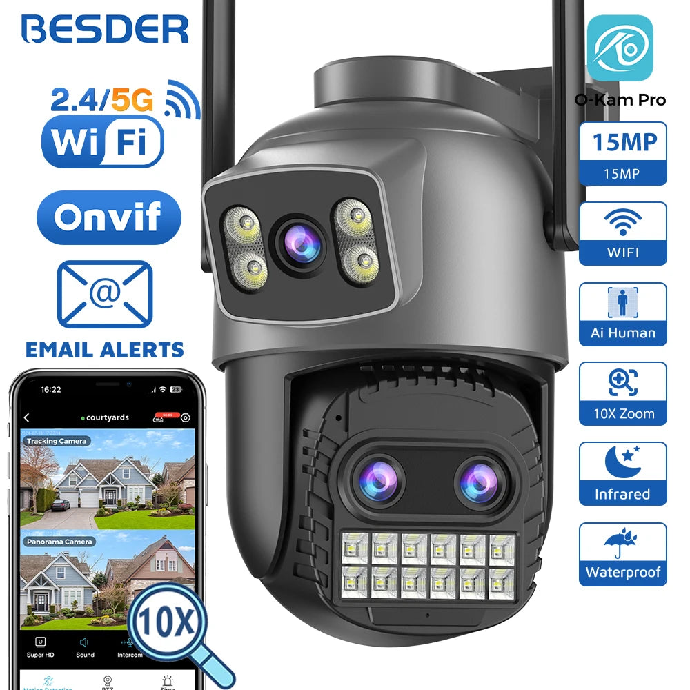 BESDER 15MP Κάμερα Wi-Fi Εξωτερικού χώρου Διπλής οθόνης 10X Ψηφιακό ζουμ Κάμερα παρακολούθησης CCTV PTZ 8MP Κάμερα IP Ασφαλείας O-Kam Pro