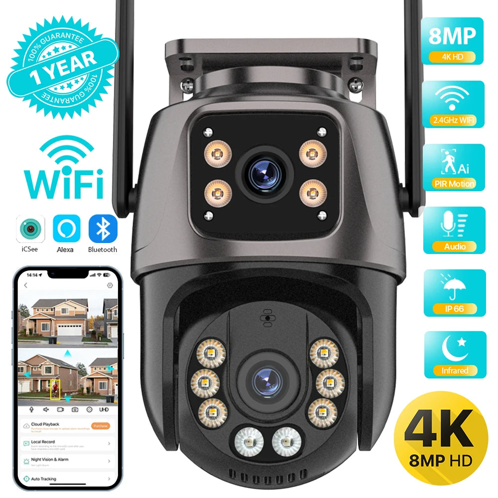 Κάμερα 4K 8MP HD Wifi PTZ Εξωτερικού χώρου 4MP Διπλού φακού Διπλής οθόνης AI Αυτόματης παρακολούθησης IP Κάμερα CCTV Εποπτείας Ήχου Βίντεο P2P iCSee