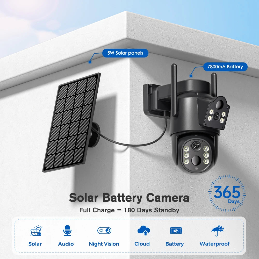 8MP 4K HD Solar WiFi Camera Outdoor Built-in Battery Dual Lens 2K Security Camera Solar Panel Wireless Video Surveillance iCSee