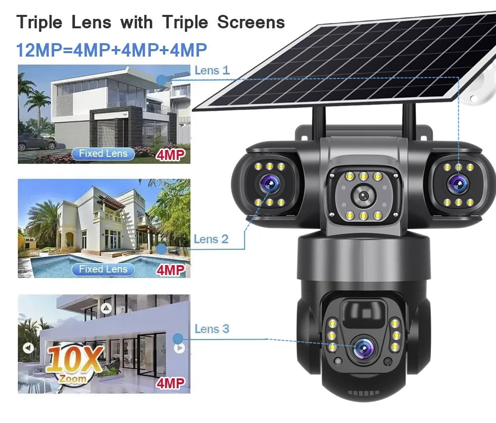 Wifi Solar Camera Outdoor 3 Lens Three Screens Solar IP Webcam PIR Human Detect CCTV Security Video Battery PTZ IP Camera