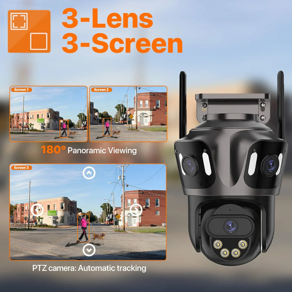 Τριπλής Οθόνης Κάμερα IP WIFI Εξωτερικού Χώρου 4K Διπλού Φακού PTZ Κάμερα Ανίχνευσης Ανθρώπου AI Αδιάβροχη IP66 Κάμερα Ασφαλείας CCTV ICsee