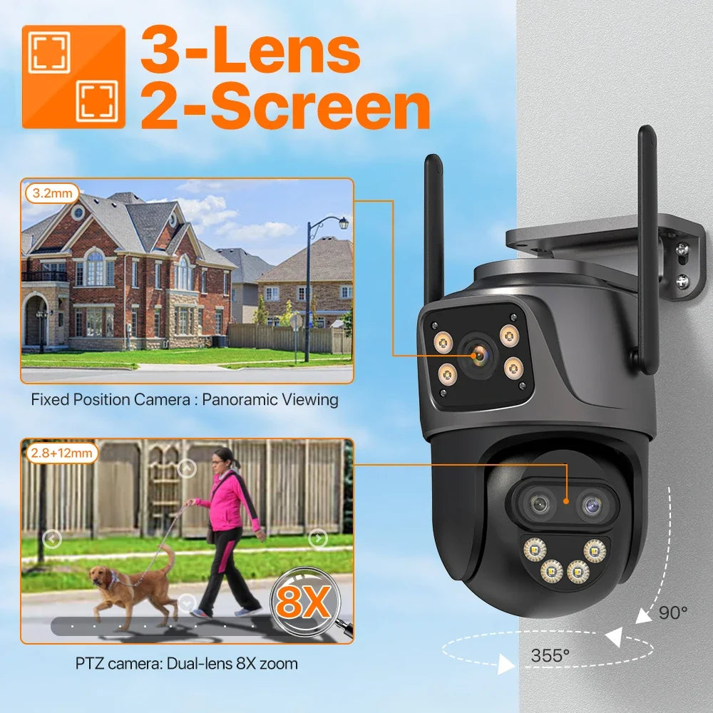 IP Camera 6K 9MP HD WiFi Εξωτερική Κάμερα 8x Ζουμ Τριπλού Φακού Διπλής Οθόνης Κάμερα Ασφαλείας Σπιτιού PTZ 6MP Βίντεο Παρακολούθηση iCSee