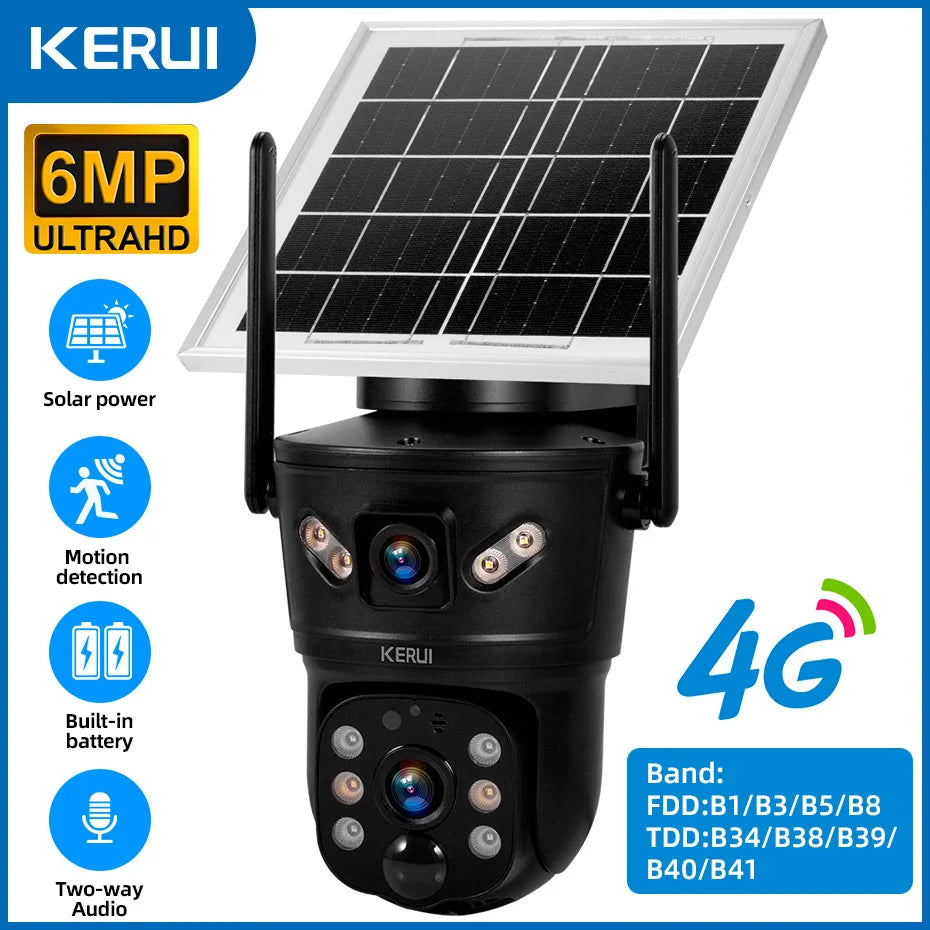KERUI 6MP WIFI 4G Solar Camera Dual Lens IP Camera Outdoor Waterproof  Surveillance CCTV Video Home Security Solar Panel