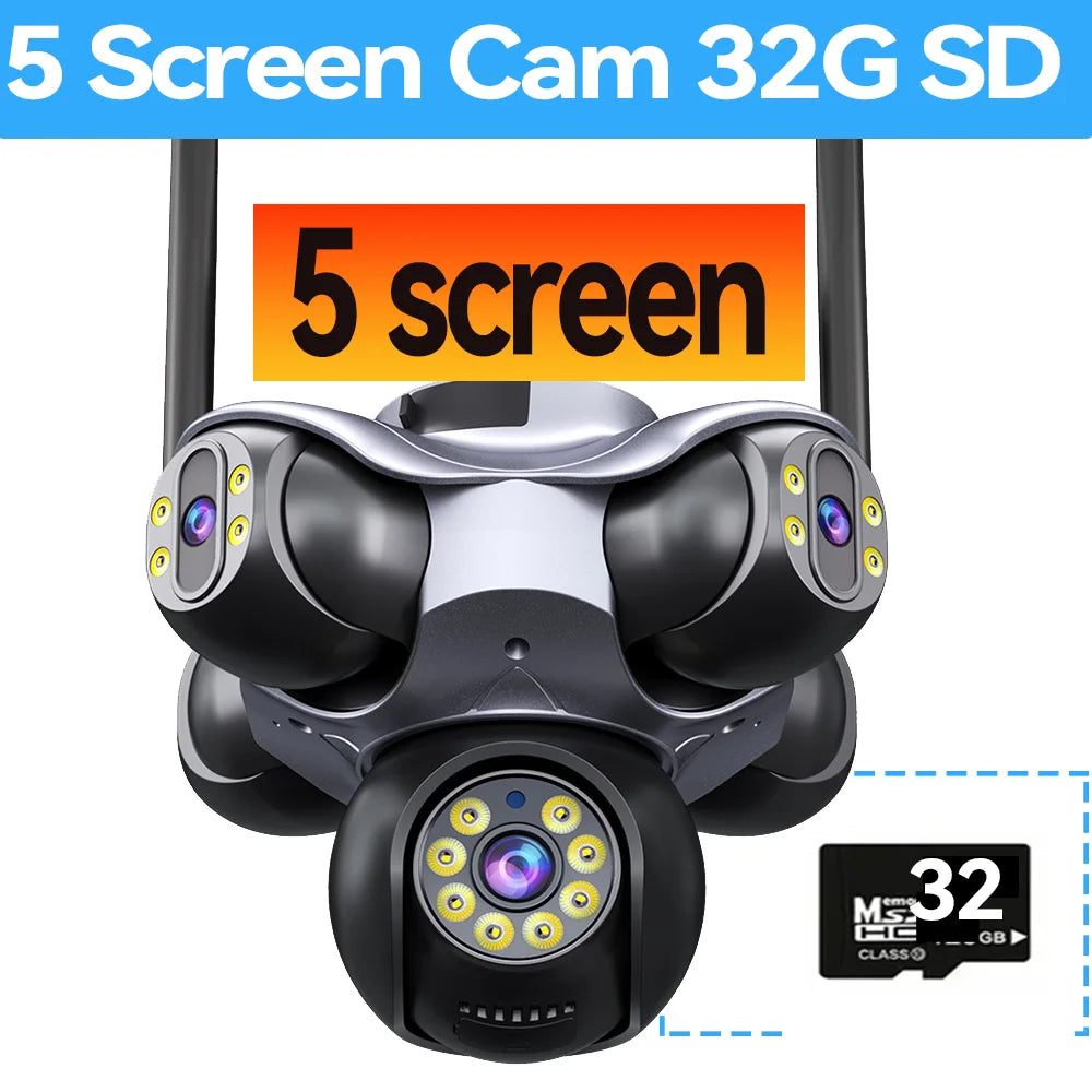 25MP Five Screen WiFi Camera Five Lens CCTV IP Cam 10K 20MP Security IP Camera Video Surveillance 720° PTZ Home Security Cam