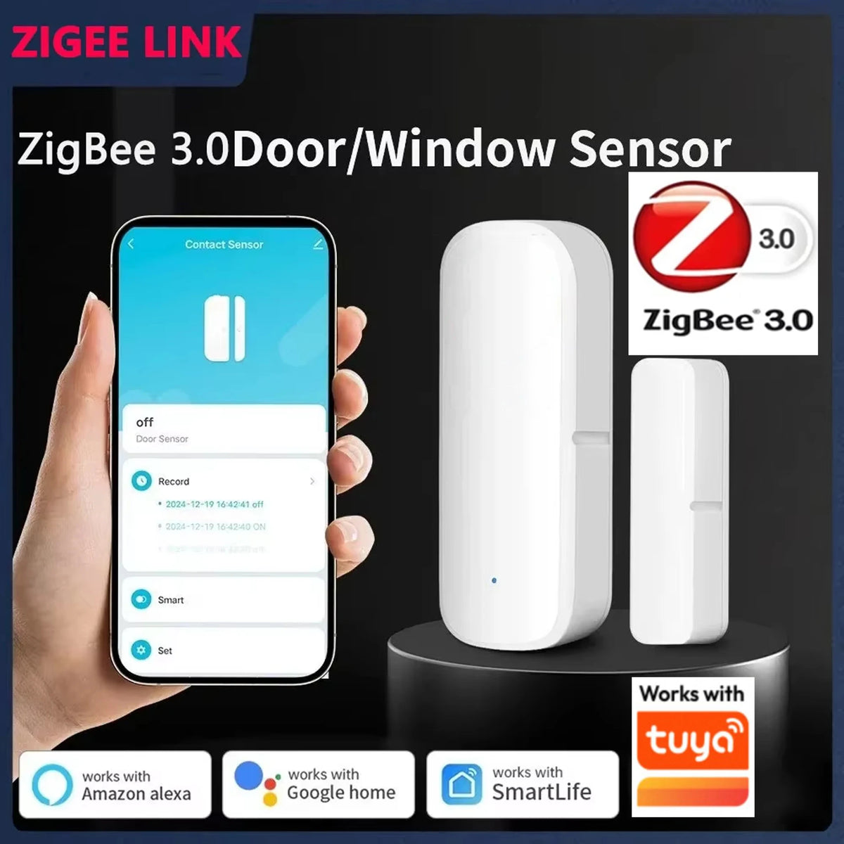Zigbee 3.0 Αισθητήρας Πόρτας Παραθύρου Έξυπνο Σπίτι Ασφάλεια Μαγνητικός Ανιχνευτής Επαφής Απομακρυσμένος Συναγερμός APP για Alexa Google Home Απαιτείται Hub
