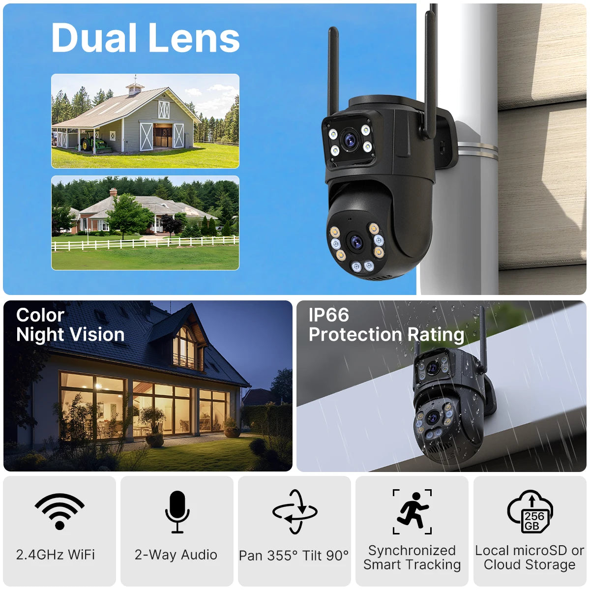 Κάμερα 4K 8MP HD Wifi PTZ Εξωτερικού χώρου 4MP Διπλού φακού Διπλής οθόνης AI Αυτόματης παρακολούθησης IP Κάμερα CCTV Εποπτείας Ήχου Βίντεο P2P iCSee