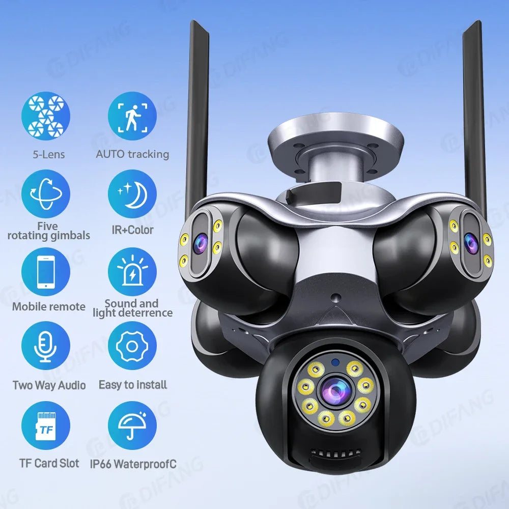 25MP Five Screen WiFi Camera Five Lens CCTV IP Cam 10K 20MP Security IP Camera Video Surveillance 720° PTZ Home Security Cam