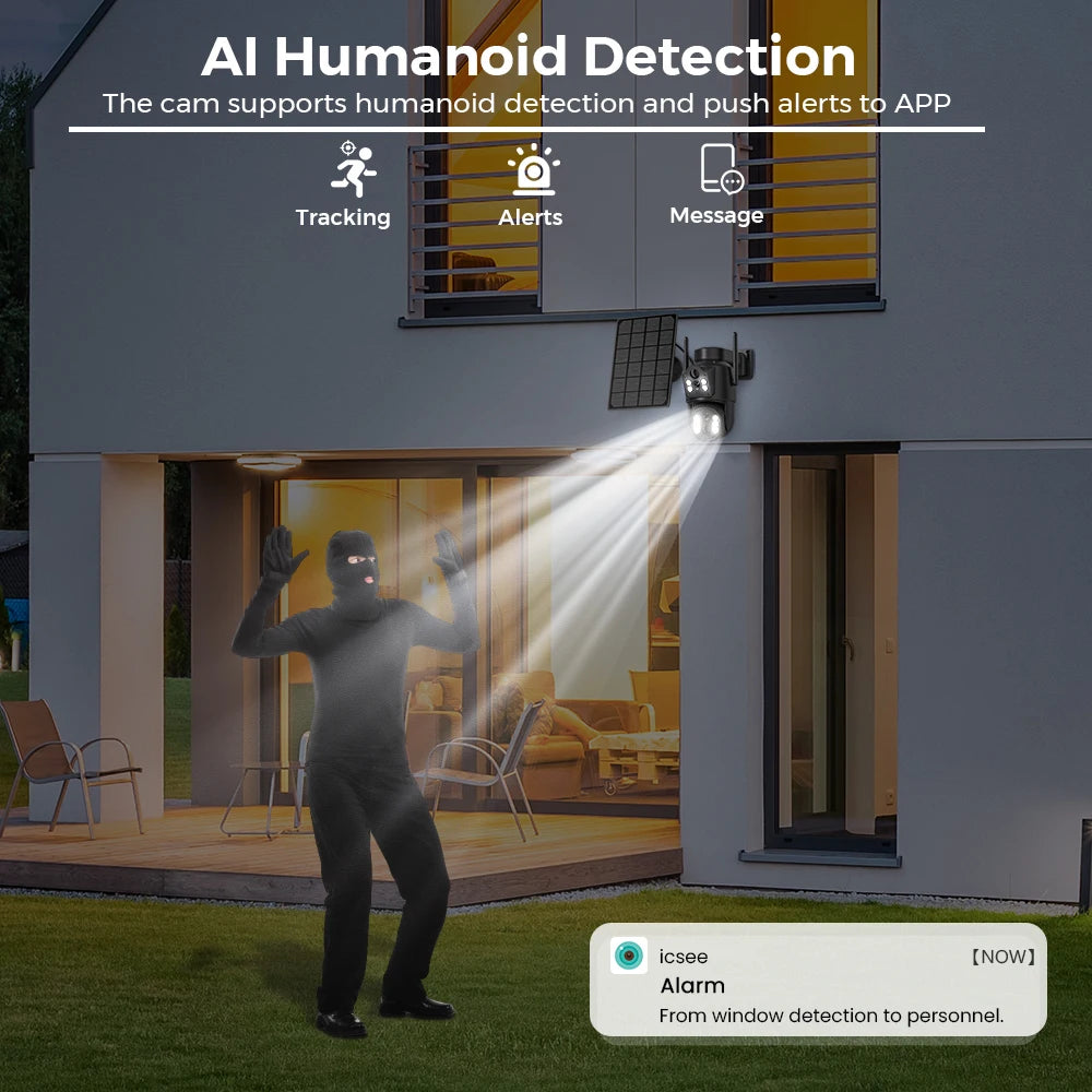 8MP 4K HD Solar WiFi Camera Outdoor Built-in Battery Dual Lens 2K Security Camera Solar Panel Wireless Video Surveillance iCSee