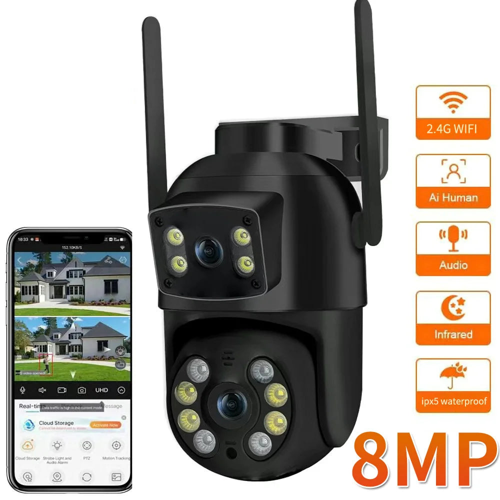 8MP 4K Κάμερα PTZ Wifi με Διπλό Φακό, Διπλές Οθόνες, Ανίχνευση Ανθρώπου με AI, Ασύρματη Εξωτερική Κάμερα Ασφαλείας CCTV IP