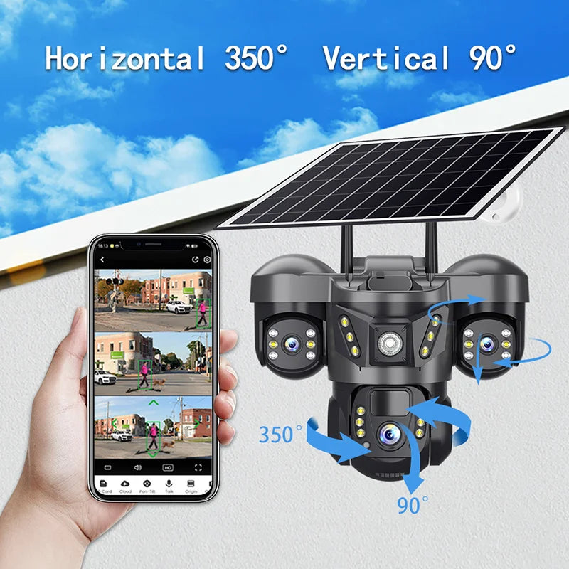 V380 4G Ηλιακή Κάμερα Ασφαλείας 1080P Ασύρματη Εξωτερικού Χώρου PTZ Τριπλού Φακού Νυχτερινή Όραση Αμφίδρομος Ήχος Ανίχνευση Κίνησης Αδιάβροχη Εξωτερικού Χώρου