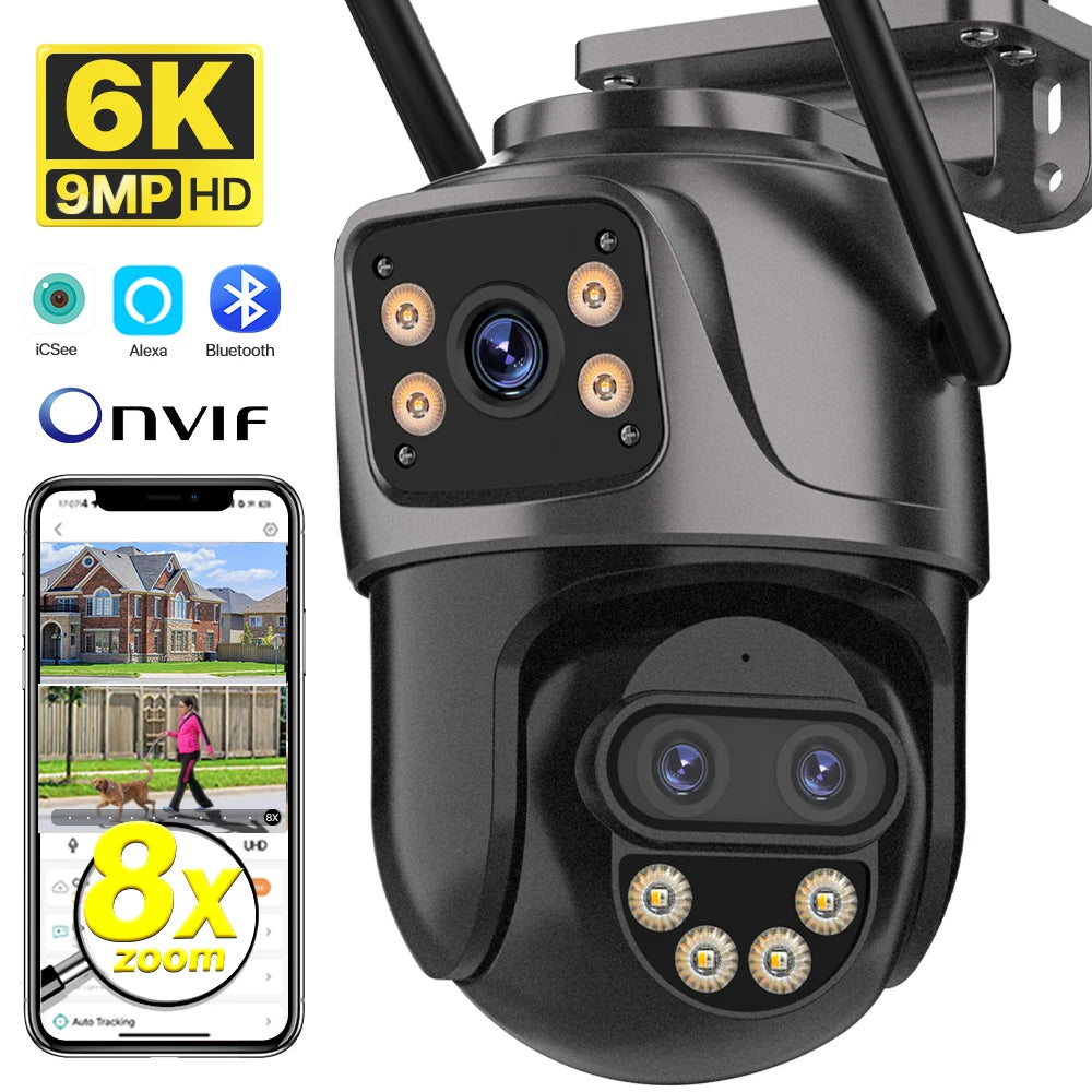 IP Camera 6K 9MP HD WiFi Εξωτερική Κάμερα 8x Ζουμ Τριπλού Φακού Διπλής Οθόνης Κάμερα Ασφαλείας Σπιτιού PTZ 6MP Βίντεο Παρακολούθηση iCSee