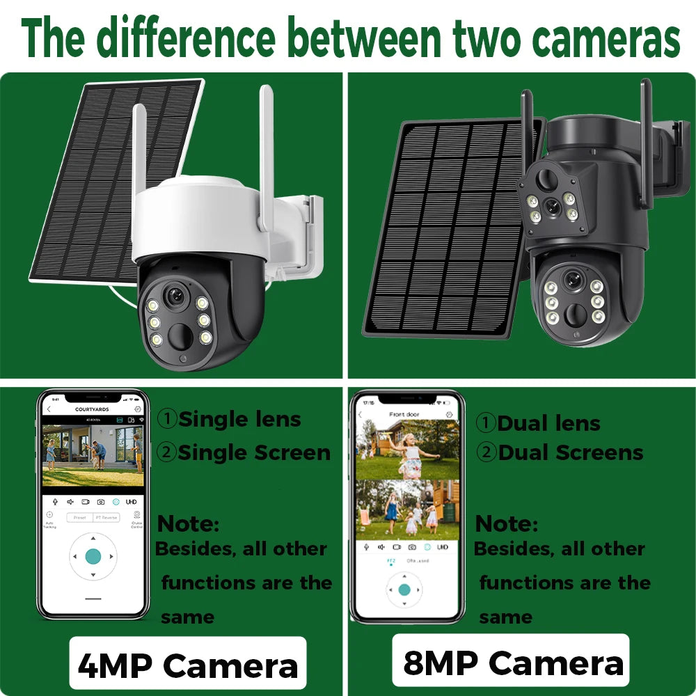 8MP 4K HD Solar WiFi Camera Outdoor Built-in Battery Dual Lens 2K Security Camera Solar Panel Wireless Video Surveillance iCSee