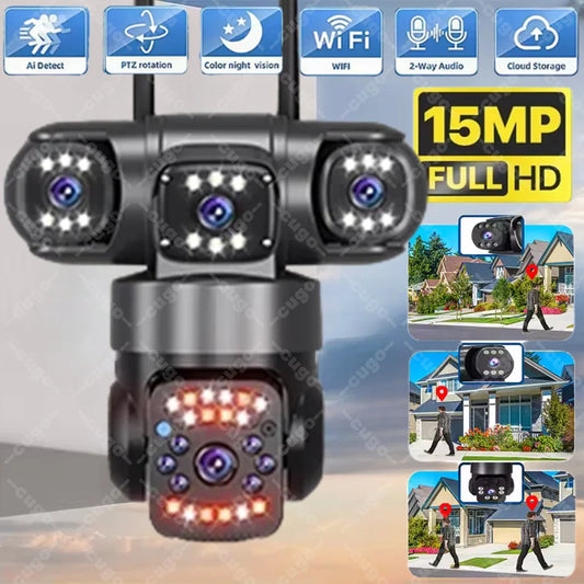 WiFi IP Camera Outdoor 15MP 8K Triple Lenses Triple Screens Security Video Monitor Night Vision 10X Zoom Waterproof CCTV Cameras