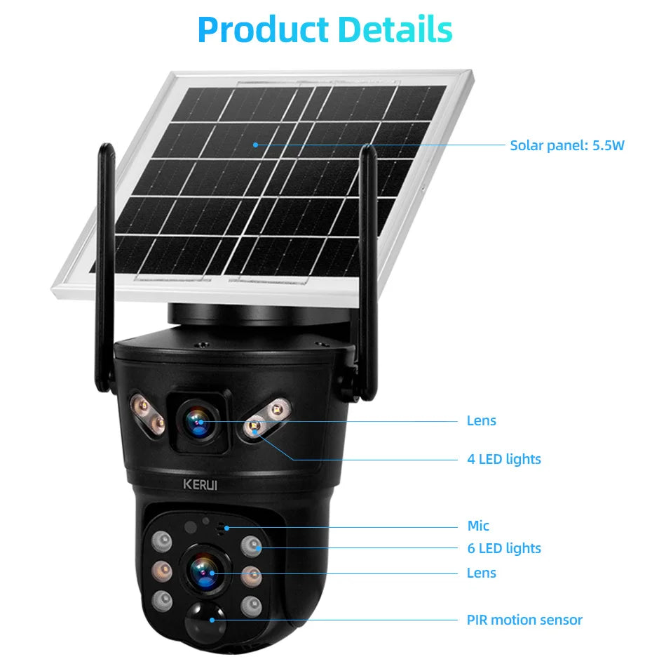 KERUI 6MP WIFI 4G Solar Camera Dual Lens IP Camera Outdoor Waterproof  Surveillance CCTV Video Home Security Solar Panel