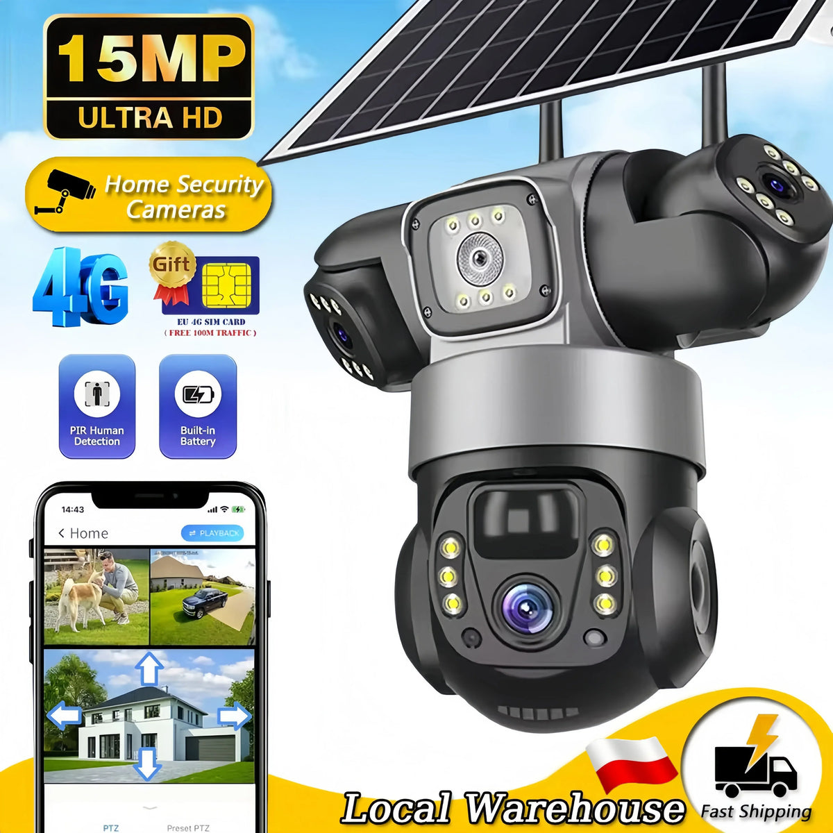 Κάμερα Solar 15MP 3 Φακοί 3 Οθόνες 4G SIM Εξωτερική Παρακολούθηση Ασύρματη CCTV PTZ IP66 Κάμερα Ασφαλείας με Ηλιακό Πάνελ Κάμερα Σπιτιού V380