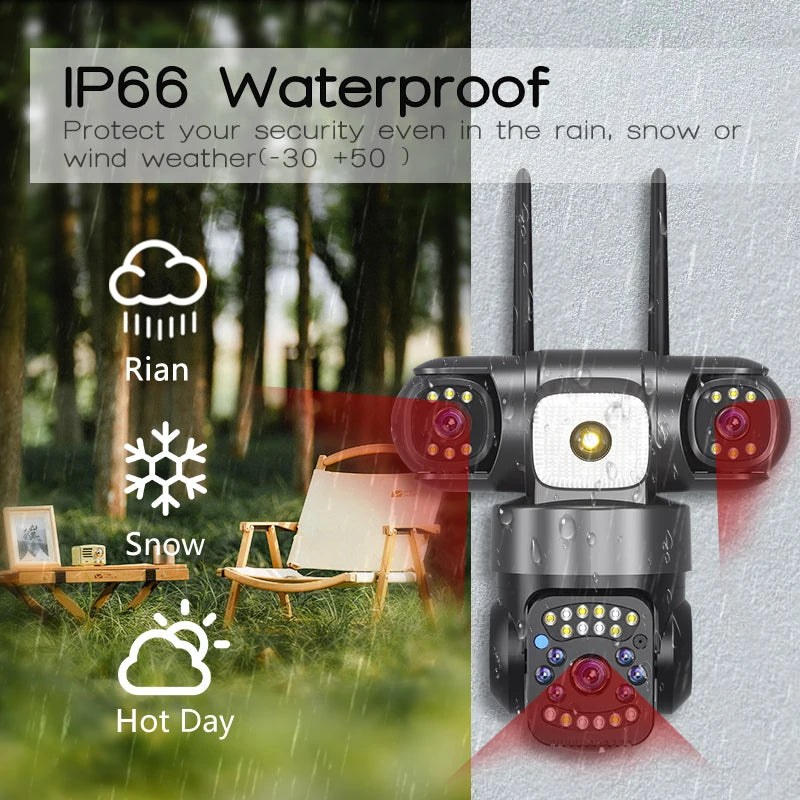 WiFi IP Camera Outdoor 15MP 8K Triple Lenses Triple Screens Security Video Monitor Night Vision 10X Zoom Waterproof CCTV Cameras